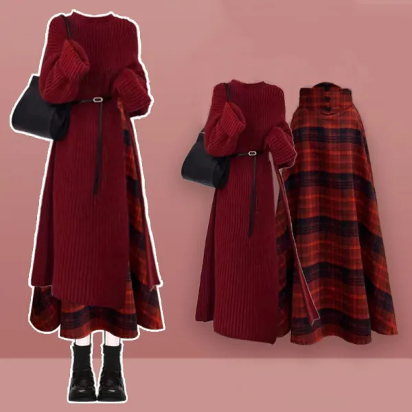 【単品注文】シンプル 無地 スリット 着痩せ セーター+エレガント チェック柄 Aライン スカート 2点セットアップ
