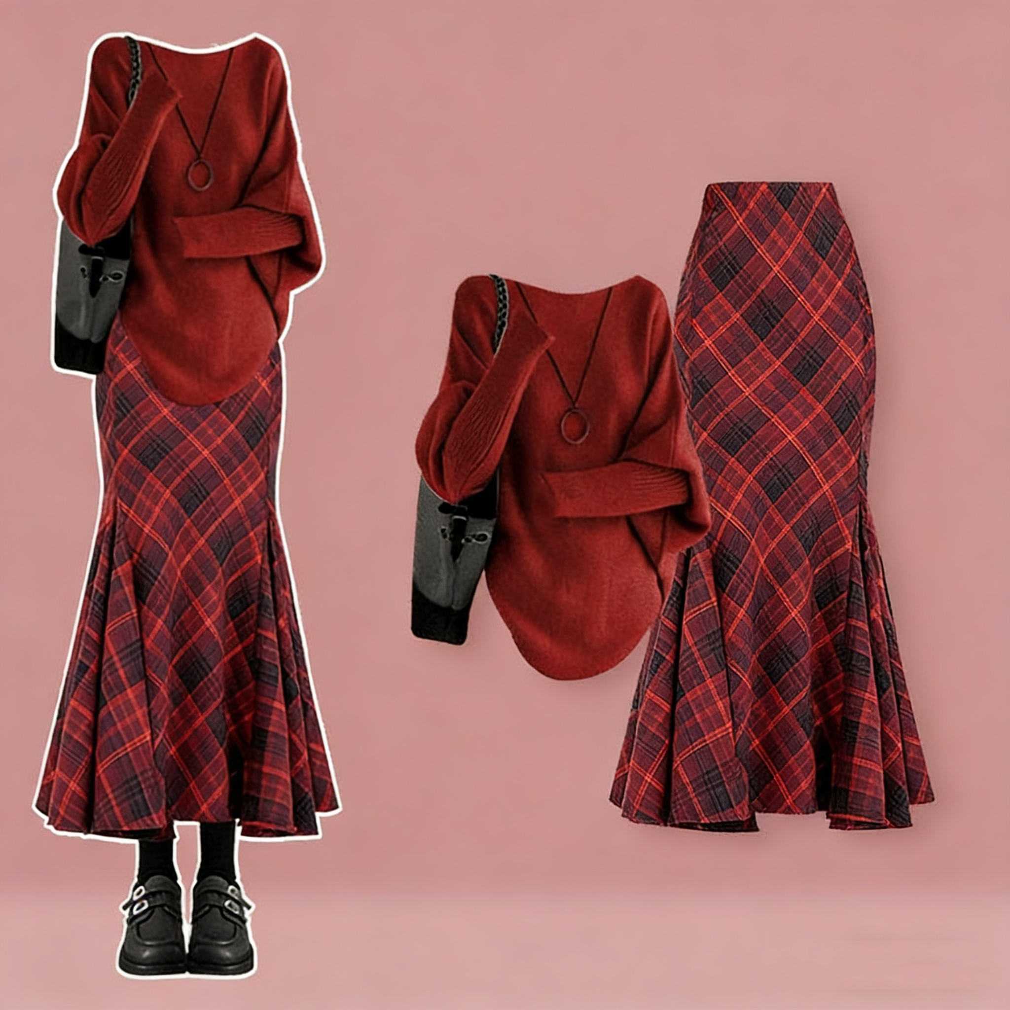 【2点セット】レッドセーター + レッドスカート