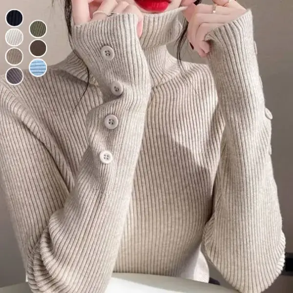 【全7色】セーター無地長袖ボタンハイネックニット｜着痩せ防寒
