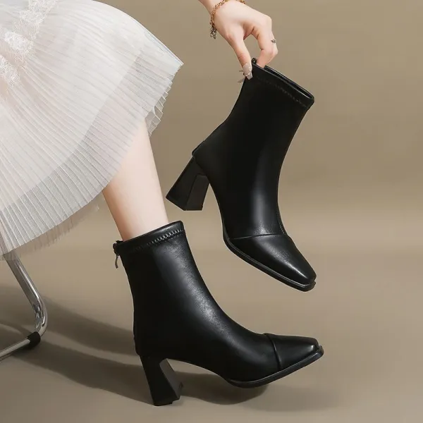 絶対欲しい スクエアトゥ ジッパー 通勤 シンプル エレガント ショート丈ブーツ ブラック 黑 ホワイト 白