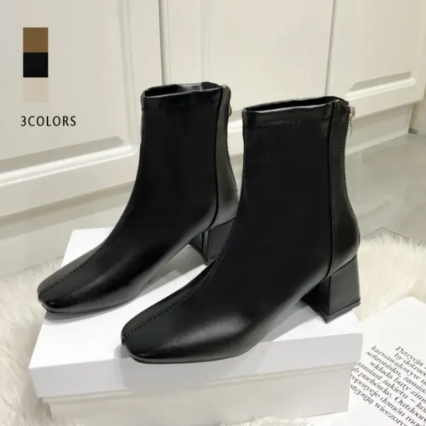 3カラー展開 快適な履き心地 美脚効果バッチリ シンプル ミドルヒール 切り替え チャンキーヒール ブーツ ブラック 黒 ホワイト 白 ベージュ