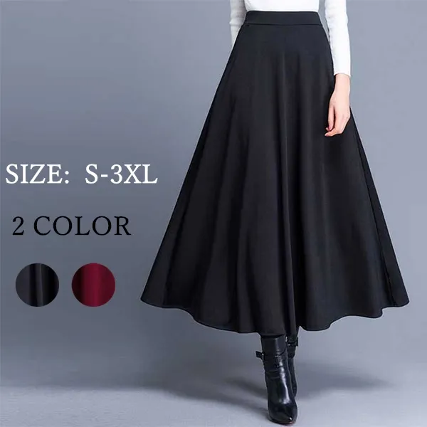 エレガント 無地 Aライン ハイウエスト ロング スカート ブラック 黑 レッド