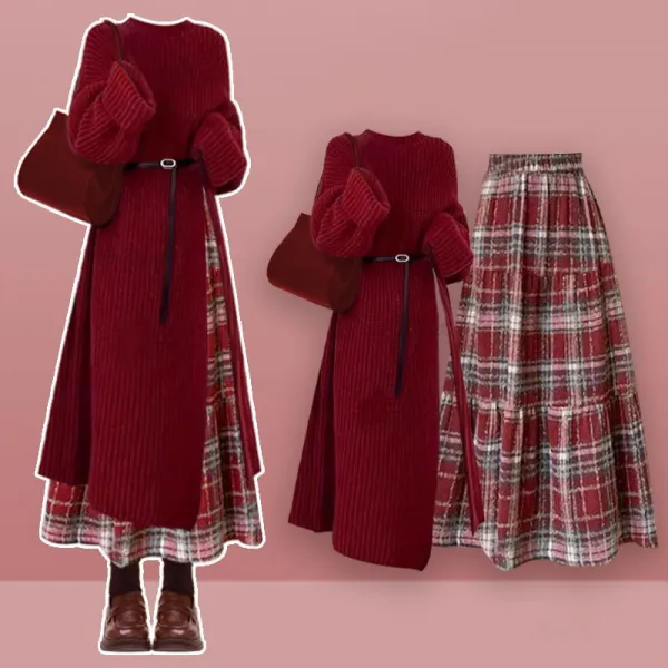 【単品注文】上品見え 無地 スリット ベルト付き セーター+チェック柄 Aライン スカート 2点セットアップ
