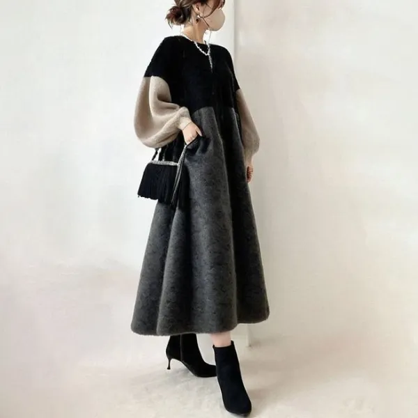 ランタンスリーブ  ワンピース  ニット / セーター  ゆったり  クルーネック  新作  日本風  バイカラー  カジュアルドレス