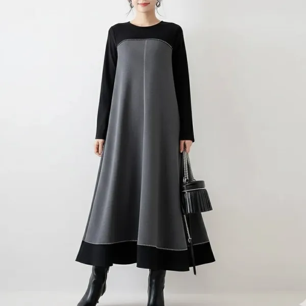 流行の予感 配色 長袖 Aライン ラウンドネック 切り替え カジュアル 長袖ワンピース