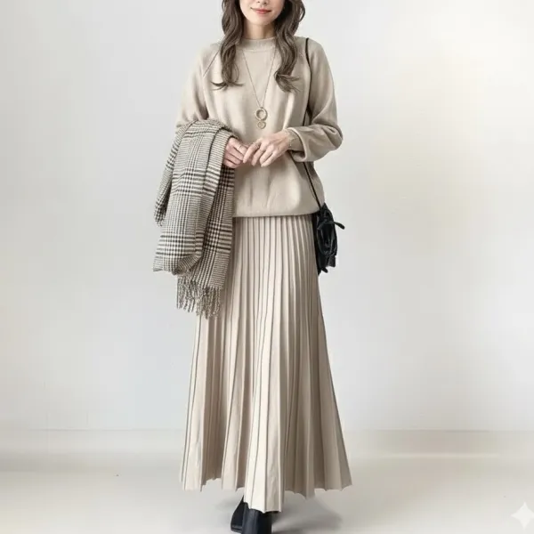 【2点SET】気分も上がるラウンドネックナチュラルニット+カジュアル無地プリーツスカートセット