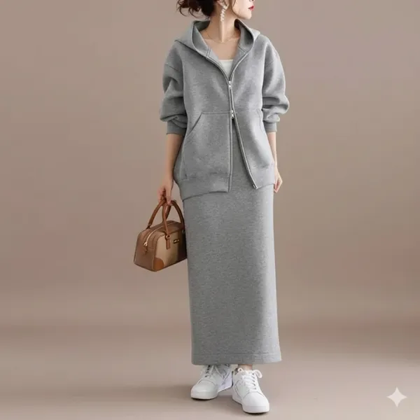 【2点セット】人気高いシンプルファスナーフード付きジャケットスカート無地スリット2点セット