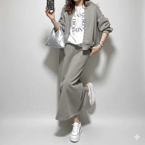 【２点セットアップ】『今売れてます!』 ストレート 長袖 ラウンドネック スリット 無地 シンプル カジュアルセット