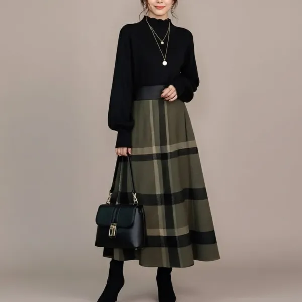 新作  体型カバー  ランタンスリーブ  ニット生地  チェック柄  ロング  切り替え  カジュアルドレス