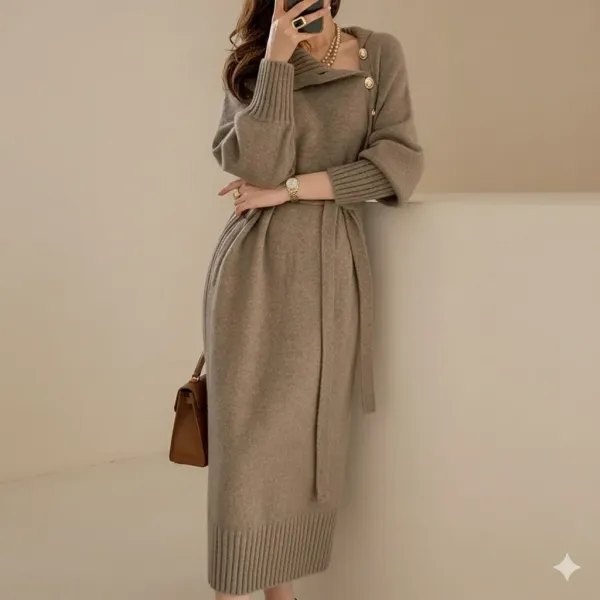 大流行新作 高級感  着瘦せ エレガント ボタン 長袖   ベルト付き ロング デートワンピース