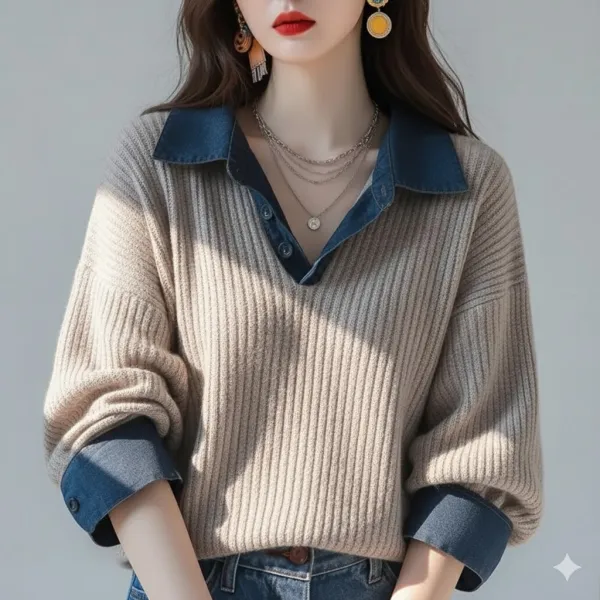 人気 新作 セーター ニッチ ユニーク シック レイジースタイル グレー フェイクツーピース ニットセーター秋服 秋コーデ 今日のコーデ 大人コーデ レディース