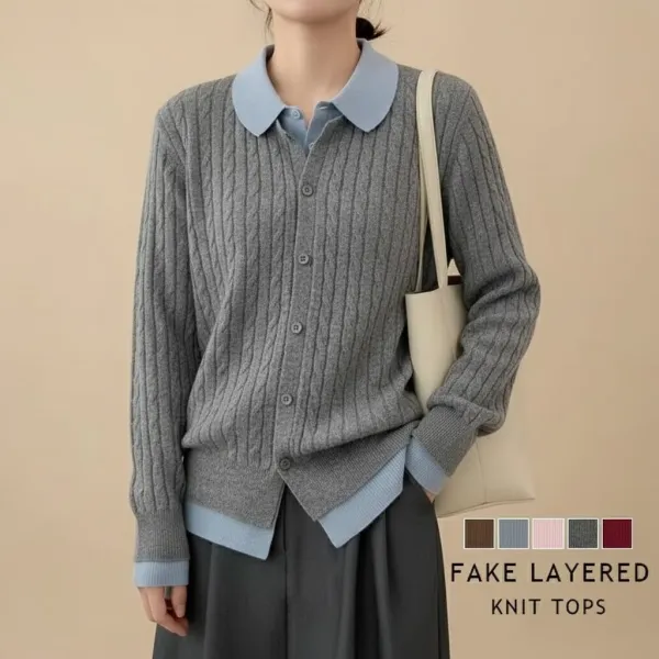 【全5色】カーディガン無地重ね着風折り襟長袖ニット ｜着痩せ防寒
