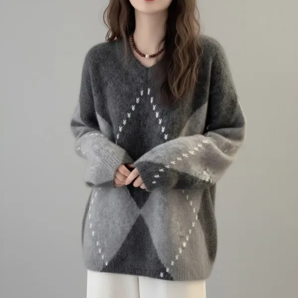 【全2色】 ニットセーターチェック柄配色ランドネック|目を引くデザイン