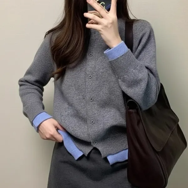新作発売！ボタンレイヤード/重ね着風ラウンドネック配色長袖カジュアルカーディガン