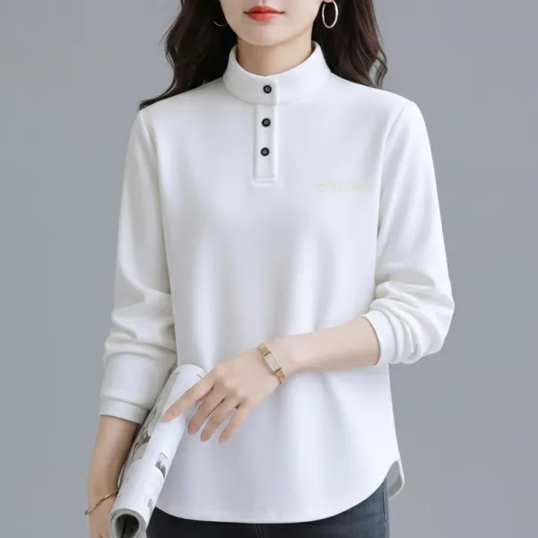 着回し力抜群ハーフネックスタンドネックボタン長袖アルファベットTシャツ