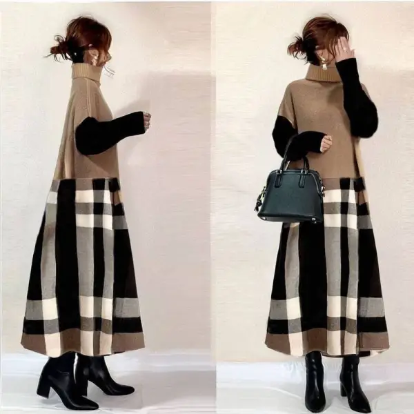 No.1 人気商品 ハイネック チェック柄 切り替え Aライン カジュアルワンピース