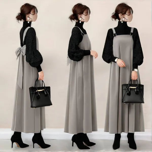 「奇跡の再販」 無地 ギャザー ストレート ボウタイ ノースリーブ ファッション ロングワンピース