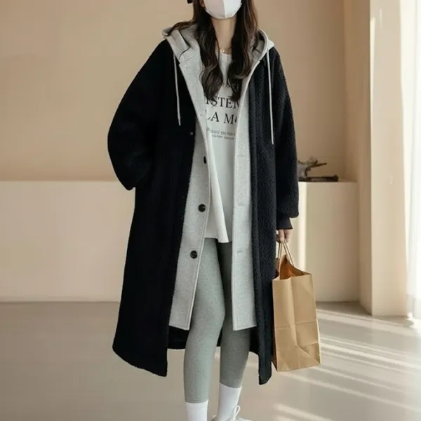 3色無地フード付きシングルブレスト切り替えビックシルエット体型をカバー 防寒コート