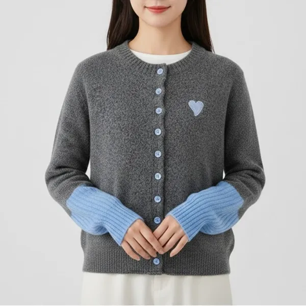 グレー ブルー レッド ハート パッチ カーディガン セーター レディース トップス ニット ボタン フロント カラー ラグラン 袖 カジュアル 可愛い コーデ 20代 30代 40代 50代 秋冬 秋服 冬服 オーバーサイズ ゆったり フィット セール 限定 人気