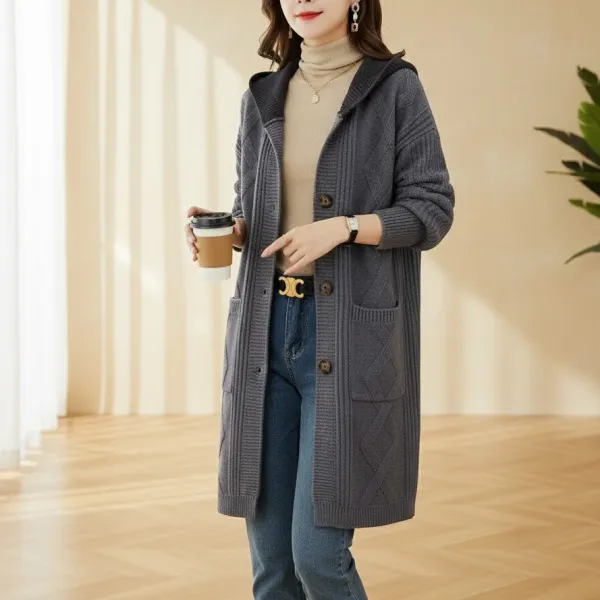 トレンチコート  カーディガン  ニット  アウター  ニット / セーター  ゆったり  フード付き  普通  新作  おしゃれ / ファッション  ニットセーター  レディース  ミディ丈 / ミディアム丈  バイカラー