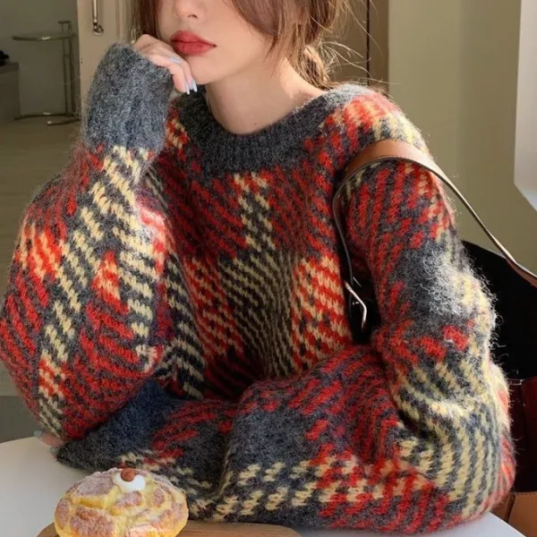 【全2色】ニットセーターラウンドネック長袖｜ゆったり防寒体型カバー