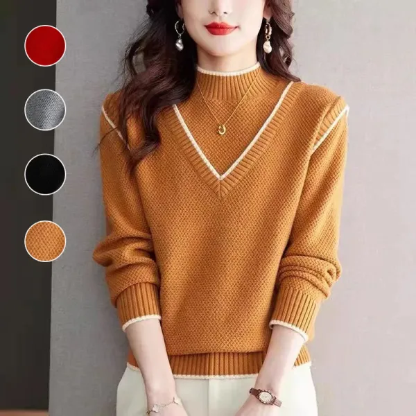 【全4色】ニットセーター長袖ハーフネック重ね着風｜着痩せ防寒