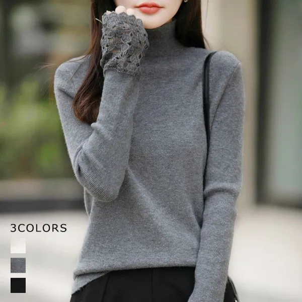 【全3色】ニットセーターハーフネック無地透かし彫り長袖 | 雑誌に掲載された