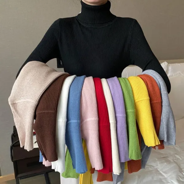 【全16色】ニットセーター無地伸縮性ありハイネック｜着痩せ
