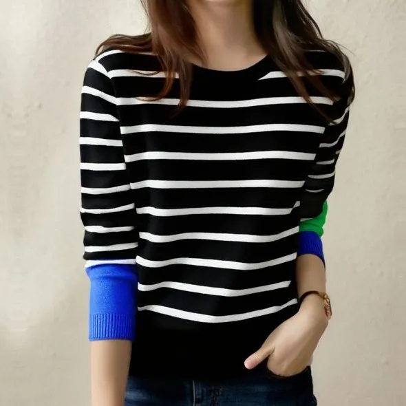 ニットセーターボーダーラウンドネック配色長袖 | 一番安い新作