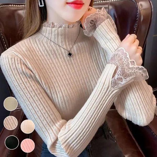 ニットセーター切り替え長袖ハーフネック無地レース