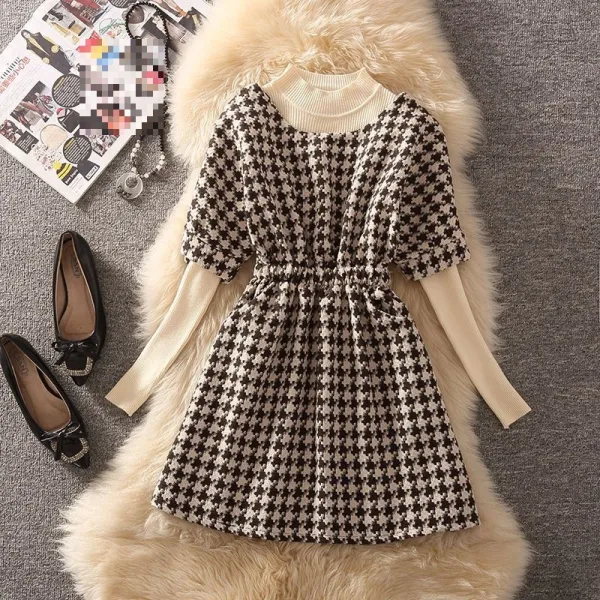 【 2点セット 】レディース 秋冬 千鳥格子 レトロ風 2点セット ワンピース
