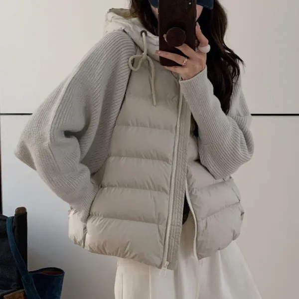 切り替え  ニット  アウター  コットン  ミニ丈  フード付き  韓国風  レディース  洗練された  軽量