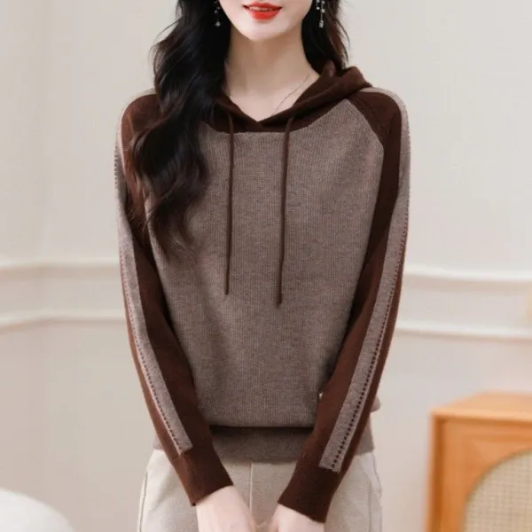 【全5色】ニットセーター配色フード付き切り替え長袖|主役級