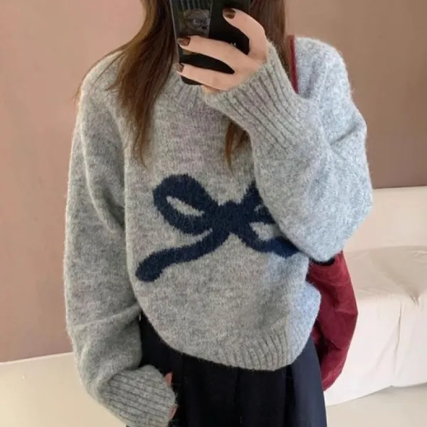 新作10%OFF新商品をピックアップ！パターン長袖プルオーバーリボン結びラウンドネック韓国系ニット・セーター