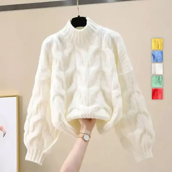 雑誌に掲載された長袖無地ショート丈ハーフネックランタンスリーブファッションニット・セーター