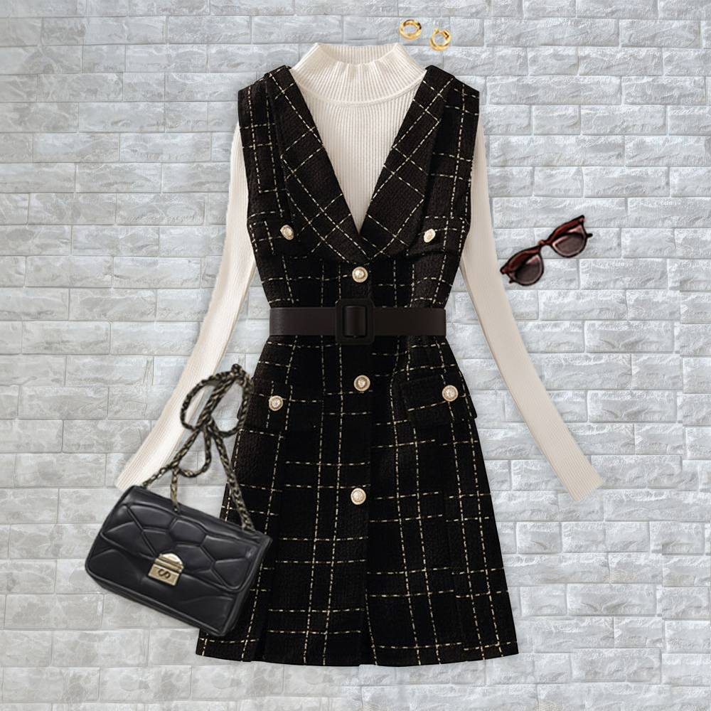 ブラックワンピース+ホワイトセーター/セット