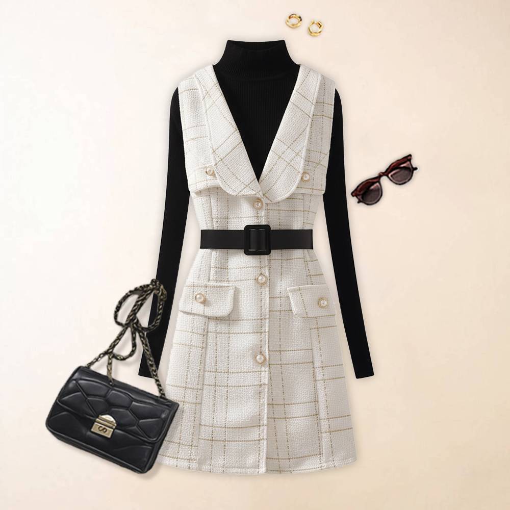 ホワイトワンピース+ブラックセーター/セット