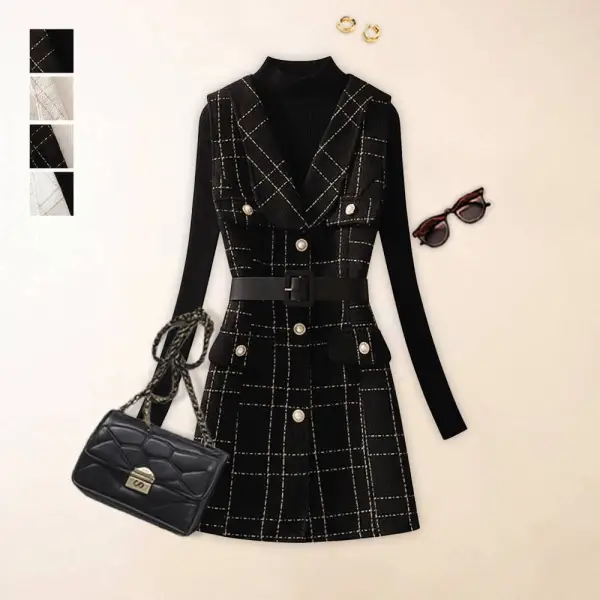 新作10%OFF単品注文SNS大人気アイテム登場長袖無地セーター+ノースリーブチェック柄ワンピース