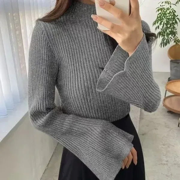新作10%OFF早い者勝ちです!長袖フレア袖無地ハイネックプルオーバーファッションニットセーター