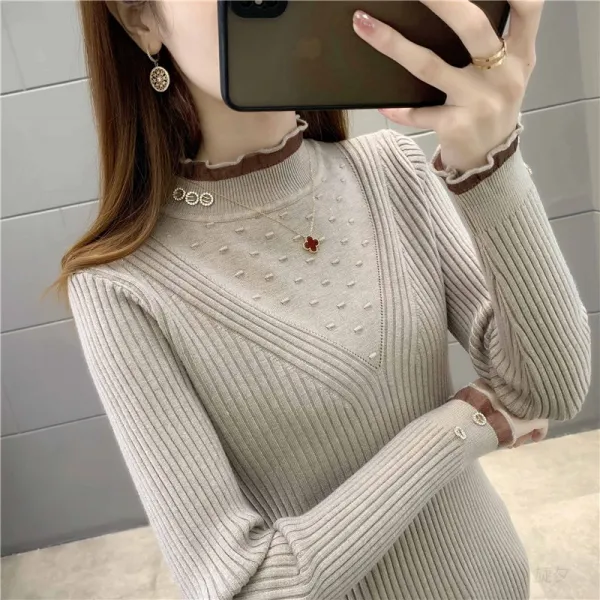 新作10%OFF絶対欲しい着痩せ効果伸縮性ありボタンハーフネック無地ファッション長袖ニット・セーター