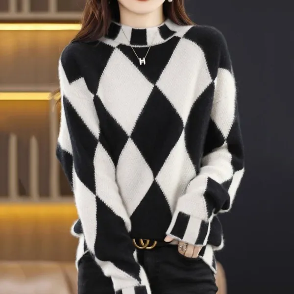 新作10%OFF大人可愛い配色チェック柄ボタン長袖ハーフネックファッションニット・セーター