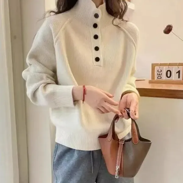 新作10%OFF新発売！スタンドネック長袖無地切り替えボタンカジュアルニットセーター