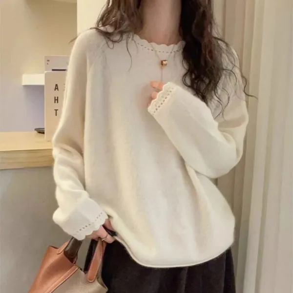 新商品再入荷柔軟加工ラウンドネック無地長袖レースカジュアルニット・セーター