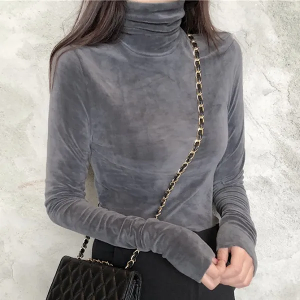 ハイネック 超快適 高見えデザイン 長袖 無地 プルオーバー シンプル 女っぽさが漂う ベースカラー Tシャツ