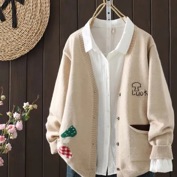 新作発売！プリントボタンVネック長袖ニットカジュアルカーディガン