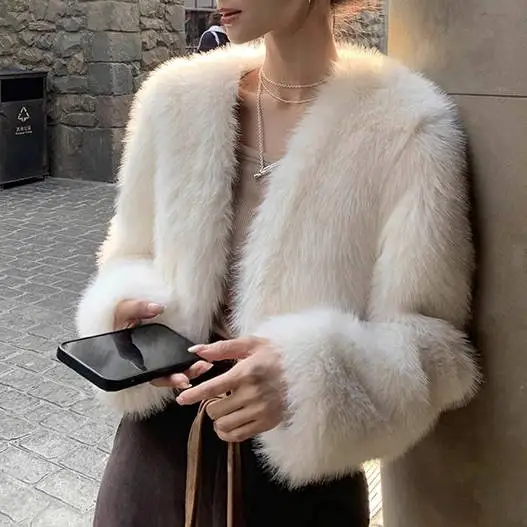 新作発売！防寒フェイクファーラウンドネック長袖無地スウィートジャケット