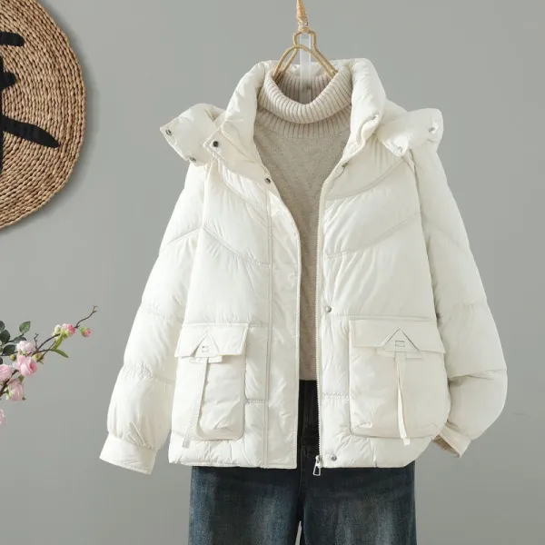 今季人気長袖ジッパーフード付き無地ポケット付き韓国系中綿コート