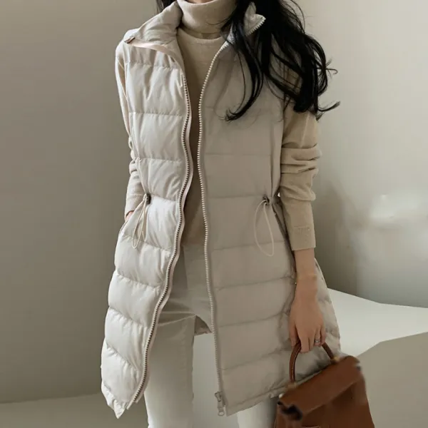 大人可愛いノースリーブファスナー無地スタンドネックジッパーファッション中綿コート