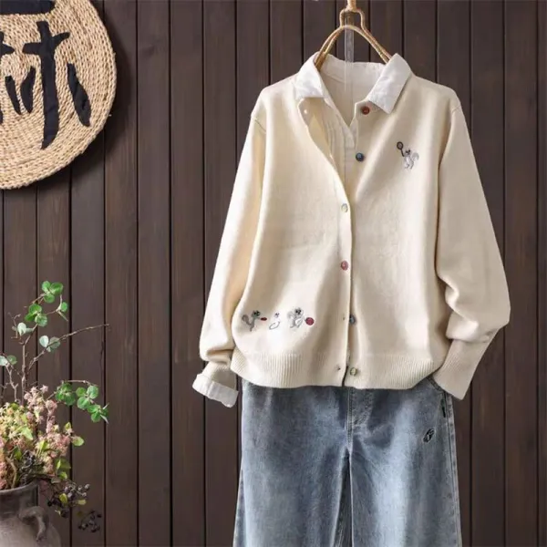 大人のお洒落をキャッチ!プリントボタンラウンドネックショート丈長袖スウィートカーディガン