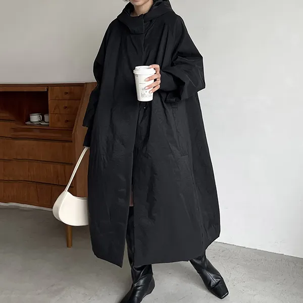 暖かい  ポケット付き ロング 長袖 ジッパー フード付き トレンチコート ブラック 黑